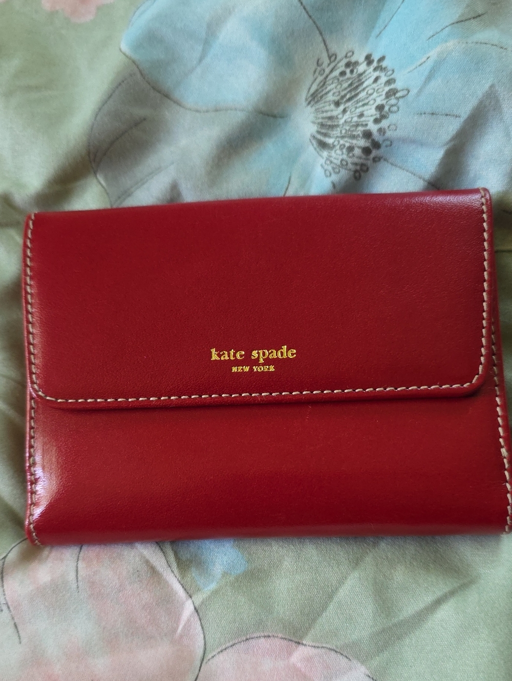 kate spade Red Leather Compact Wallet with Gold Logo